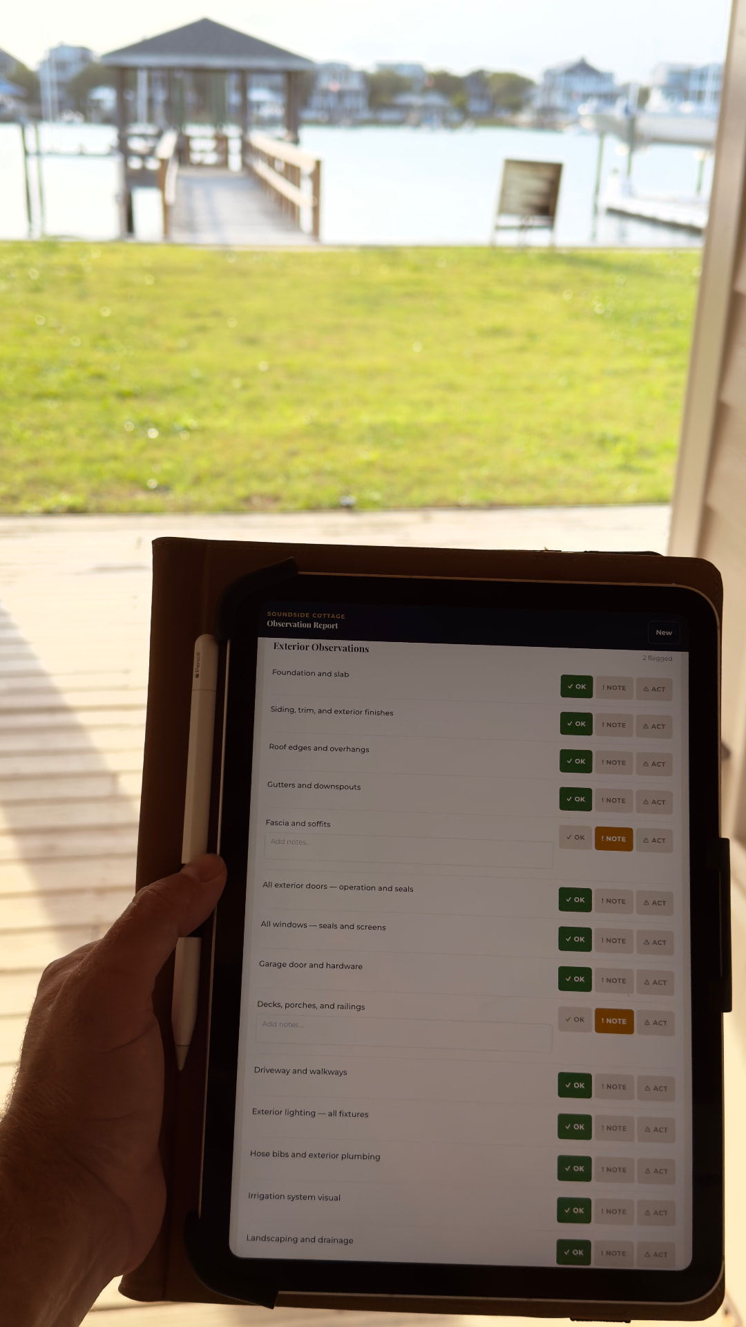 A Soundside Cottage observation report in progress on an iPad, with the dock in view
