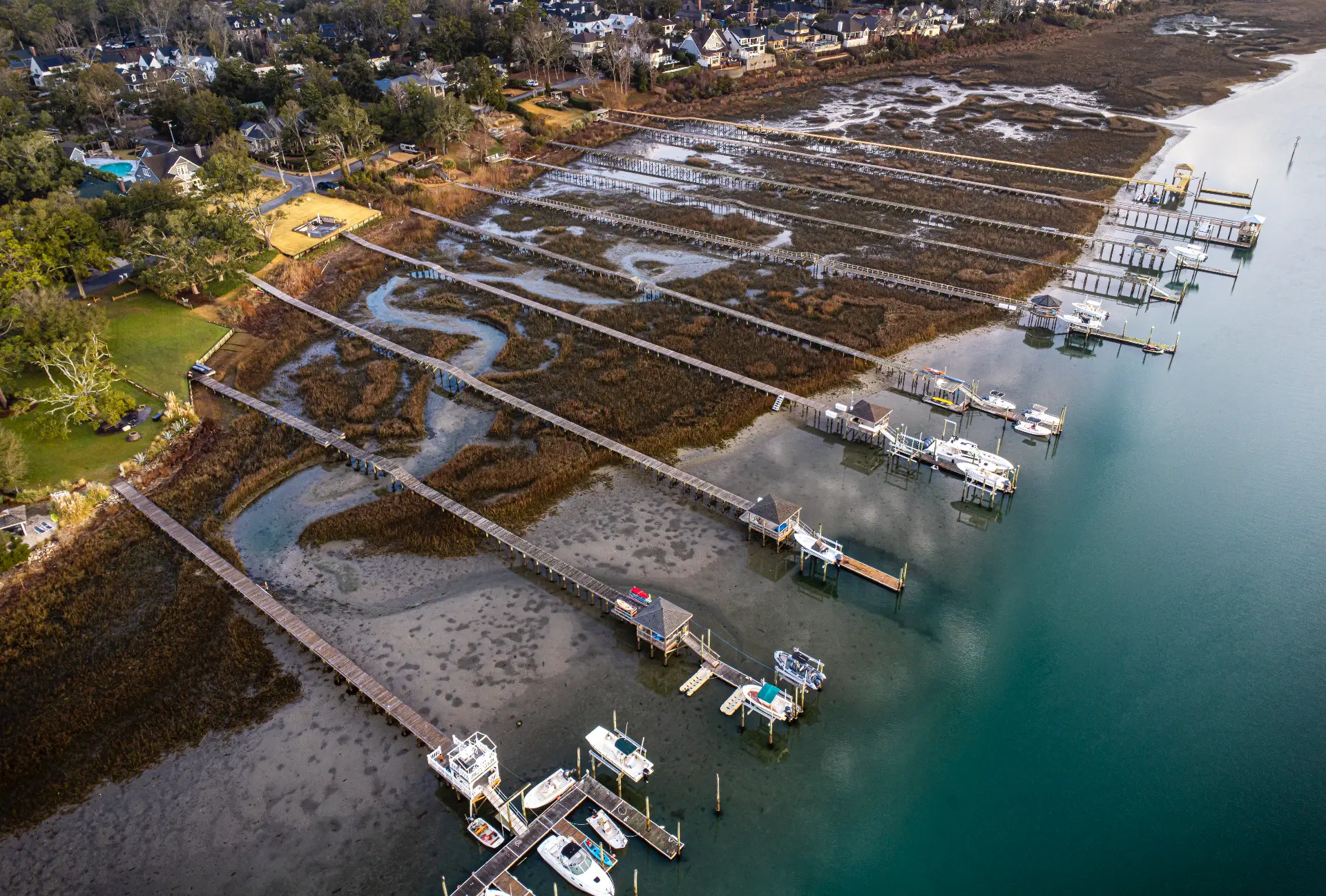 Aerial view of docks and boat lifts on the sound