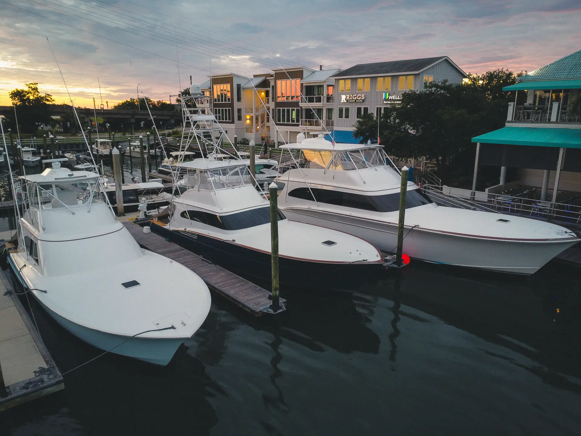 Sportfishing boats at the Wrightsville Beach marina at dusk