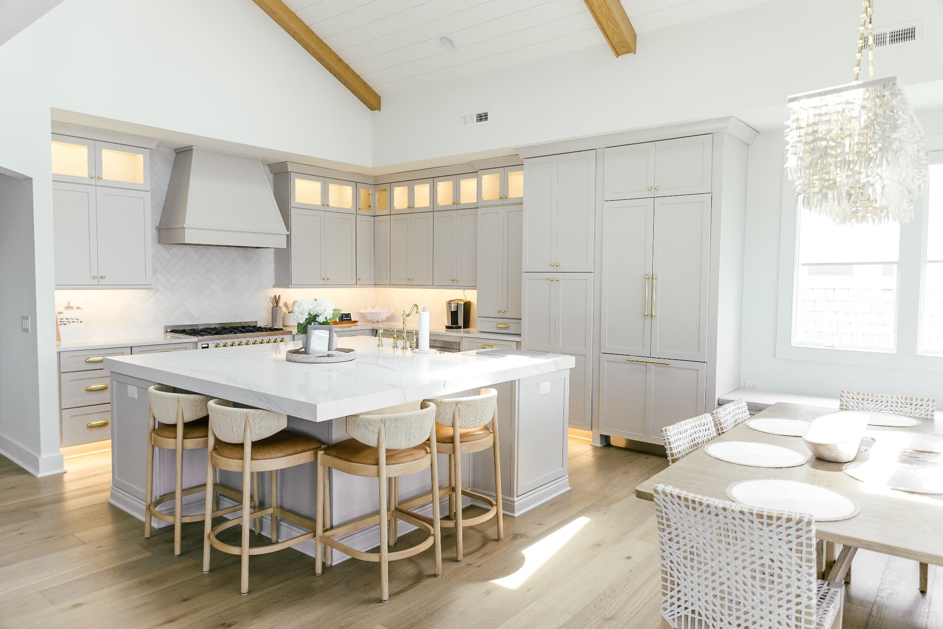 A finished coastal kitchen and dining room